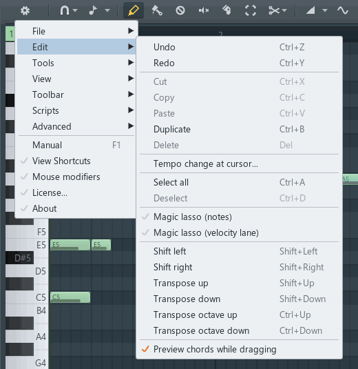 The Edit submenu
