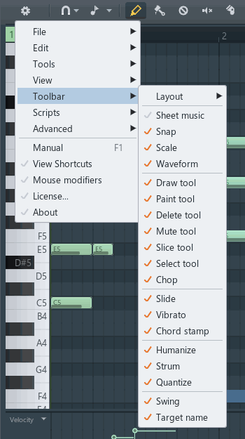 The Toolbar submenu
