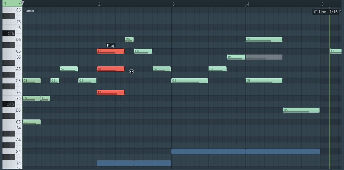 The note grid with chords, a slide, a vibrato, a muted note, clips and ghost notes