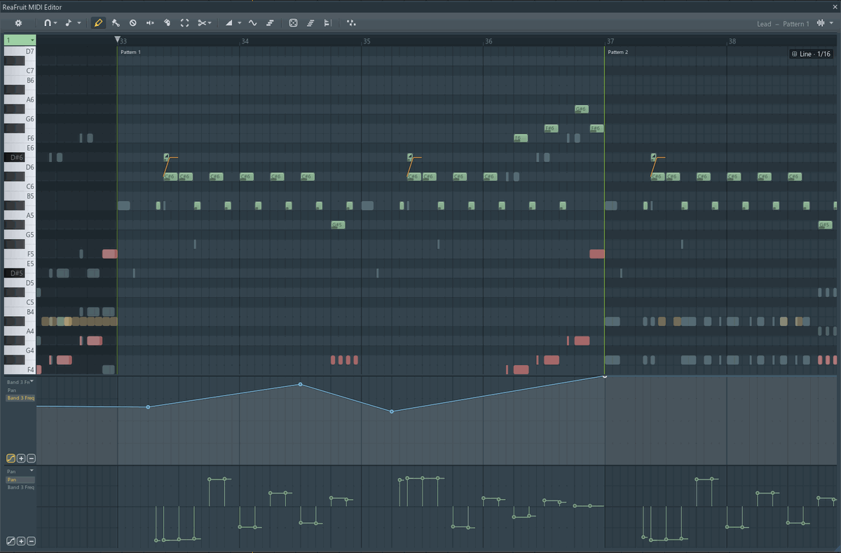 ReaFruit editing a lead part, with an automation lane and a pan lane below the grid