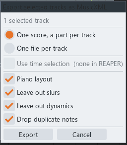 The Export selected tracks as MusicXML dialog