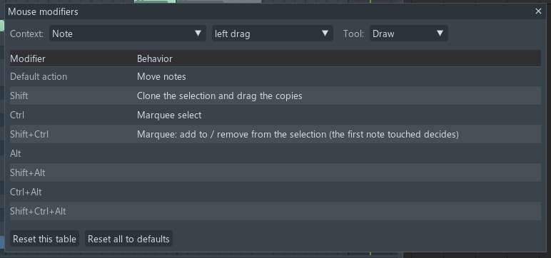 The Mouse modifiers window