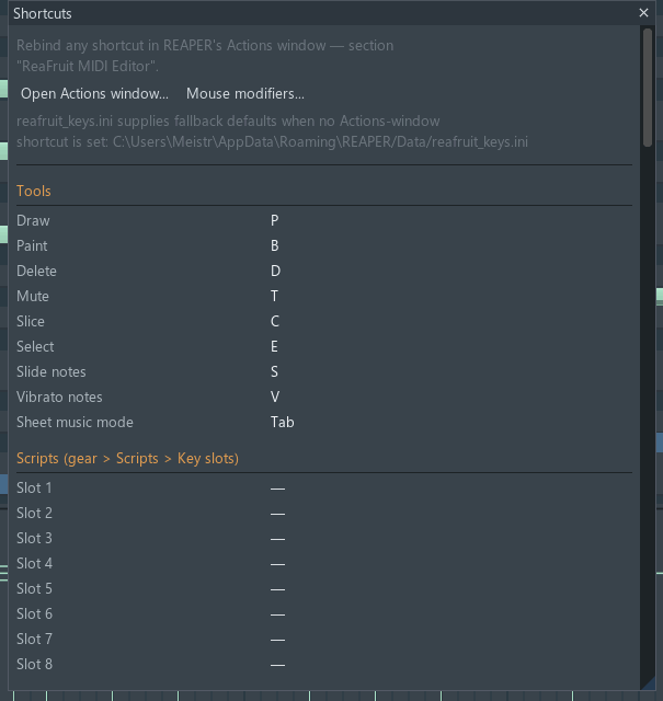 The Shortcuts window