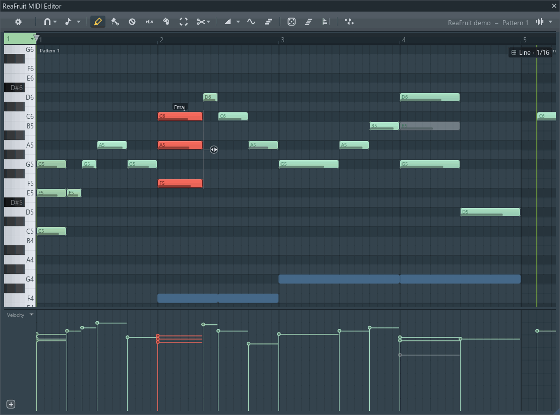 The editor window with the velocity lane open